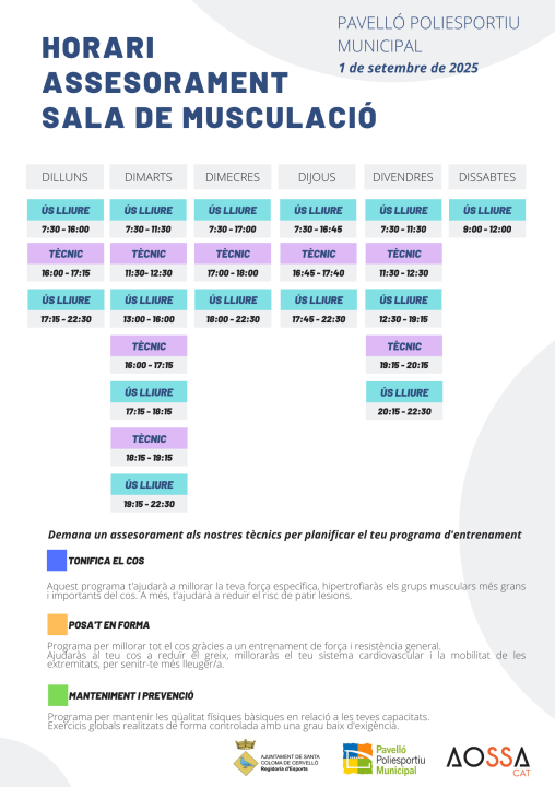 Horaris assessorament sala musculació